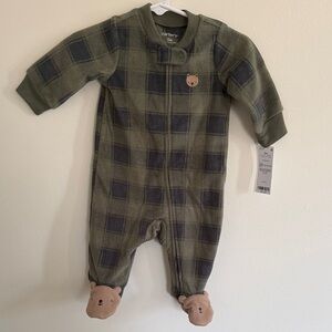 NWT!!Carter's Olive Plaid Bear Footie One Piece
